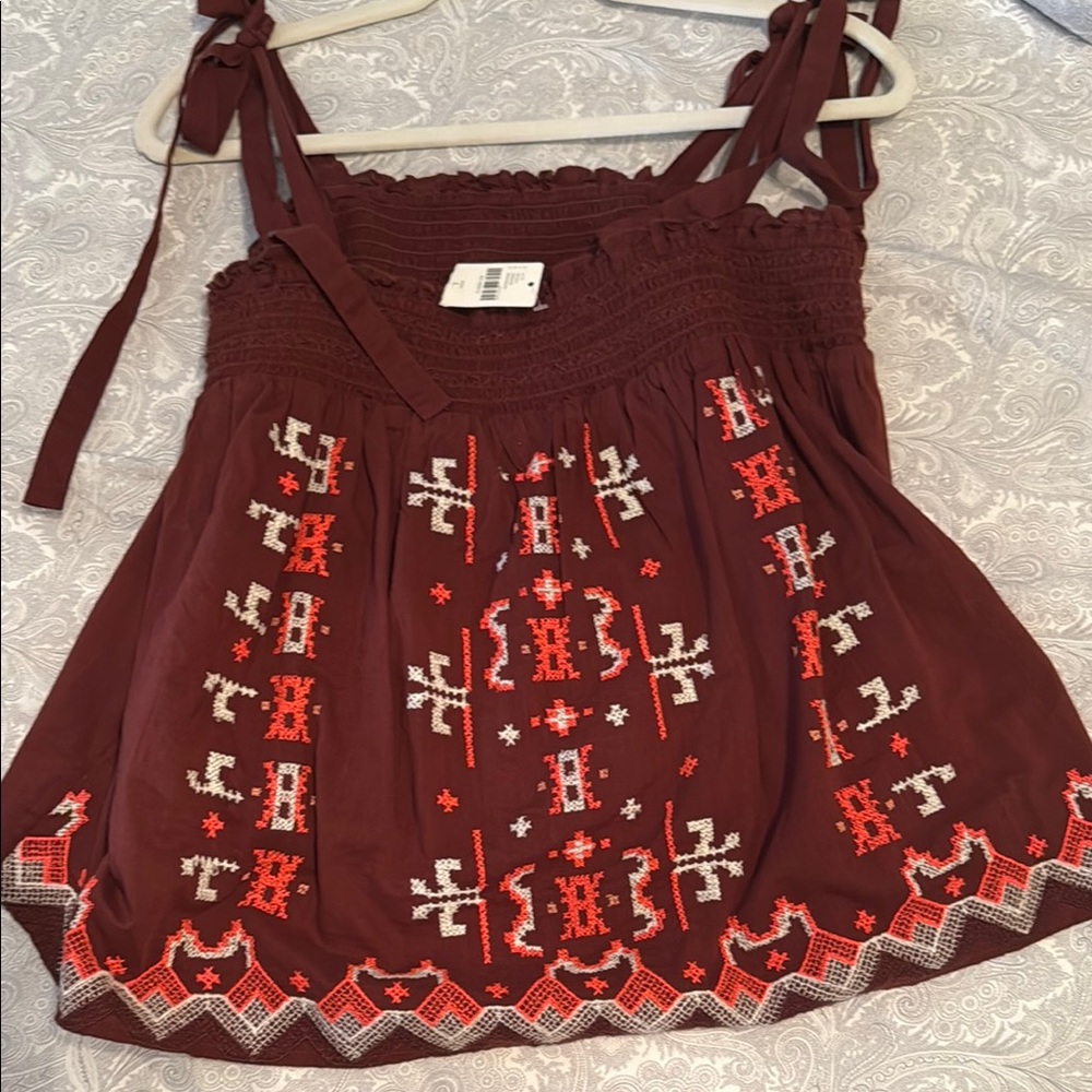 Anthropologie Red and White Smocked Tie Front Tank Top